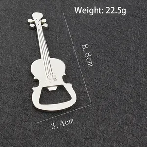 Guitar shaped silver metal beer bottle opener shown from a 45-degree angle view