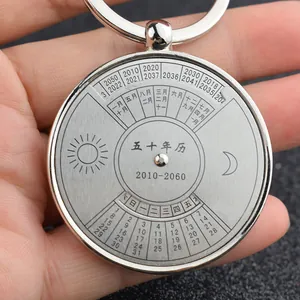 Macro view of metal perpetual calendar keychain with brushed silver finish and engravings