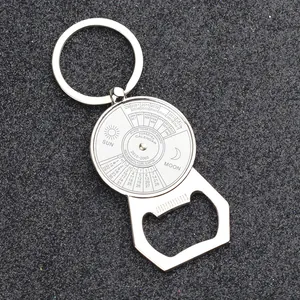50-year perpetual calendar metal keychain with integrated bottle opener tool