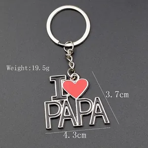 Porte-clés I Love Papa avec lettres en métal argenté et cœur rouge pour la fête des pères