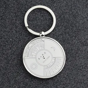 Macro detail of silver metal perpetual calendar keychain with 50-year date engraving