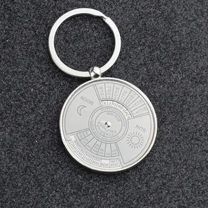 Detail of metal perpetual calendar keychain with engraved 50-year date dial function
