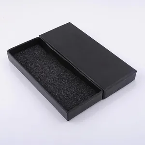 Matte black rectangular gift box with open lid and protective black foam insert