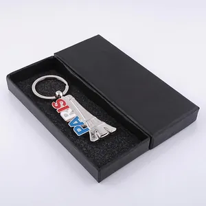 Zinc alloy Eiffel Tower Paris keychain with tricolor accents in premium black gift box