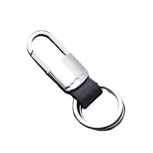 Silver metal and black leather keychain with double rings and carabiner clip for men