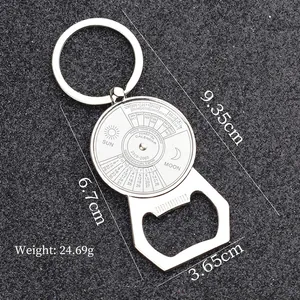 Silver metal perpetual calendar keychain with bottle opener and engraved markings