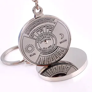 Macro detail of silver metal perpetual calendar keychain showing 50-year date scale