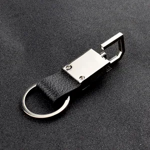 Business style leather and metal car keychain with silver spring clasp and black texture