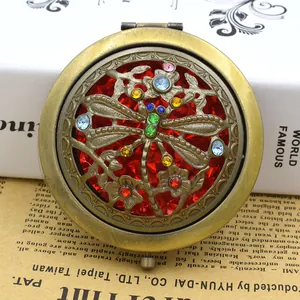 Vintage Round Folding Pocket Makeup Mirror Iron Hollow Out Rhinestone Inlaid Double Sided Compact Mirror For Women Travel