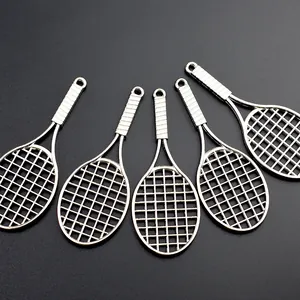 Creative silver tennis racket key ring pendants set with fine metallic mesh texture details