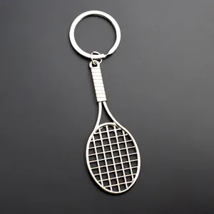 Polished silver metal tennis racket keychain sports souvenir with detailed mesh strings
