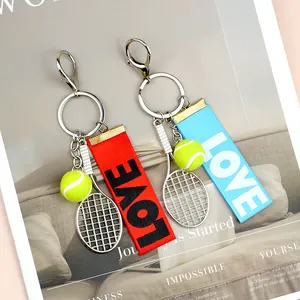 Portachiavi Racchetta Da Tennis Con Mini Palla Neon E Nastro LOVE Sportivo Portachiavi In Lega Di Zinco Premio Scolastico Souvenir Sportivo