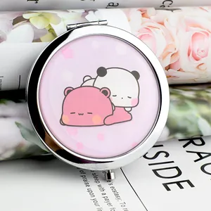 Portable mini round pocket makeup mirror with cute bear illustration and silver metal frame