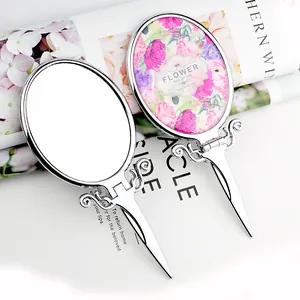 Vintage Zinc Alloy Folding Handheld Makeup Mirror European Style Floral Eiffel Tower Pattern Double Sided Magnifying Mirror Women Vanity Tool