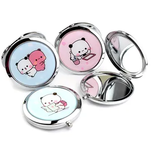 Portable double-sided round folding makeup mirrors with cute panda and bear metal covers
