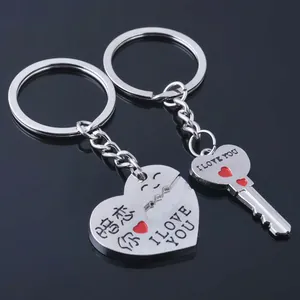 Detail of silver couple keychains featuring heart and key pendants with romantic engravings