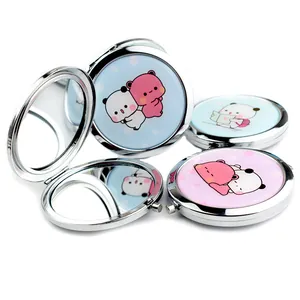 Detailed view of the double-sided mini folding makeup mirror with cute panda and bear