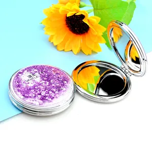Portable Round Double Sided Folding Makeup Mirror Liquid Quicksand Glitter Heart Pattern Compact Handheld Cosmetic Mirror Gift