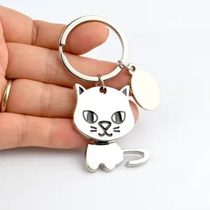 Simple Zinc Alloy Movable Animal Keychain With DIY Blank Tag Cartoon Puppy Kitten Shape Metal Key Ring Pendant Accessory