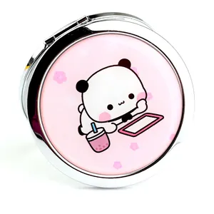 Portable double-sided round makeup mirror featuring cute cartoon panda and pink flowers