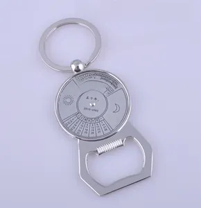 Close-up of functional 50-year calendar metal keychain with integrated bottle opener tool