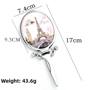 Mini vintage silver folding handheld makeup mirror with Eiffel Tower and Paris design