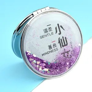 Portable folding makeup mirror with purple liquid quicksand and dual magnification