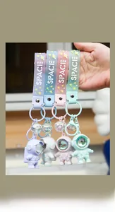 Detailed view of astronaut keychains with LED lights in four macaron colors and straps
