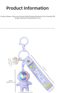 Detail of purple astronaut keychain with LED sunset light, PVC material and SPACE strap