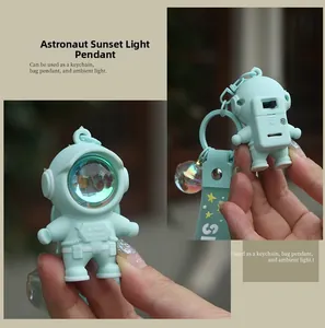 Back view of mint green astronaut keychain with ON/OFF switch and LED light details