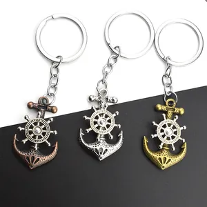Vintage Zinc Alloy Nautical Anchor Ship Wheel Keychain Retro Metal Pirate Theme Hanging Ornament Key Ring For Men Women Gift