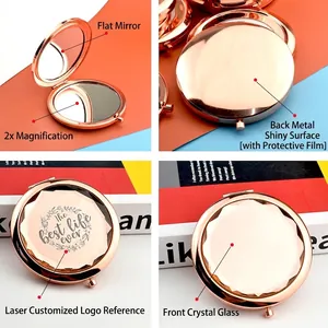 Rose gold folding makeup mirror with dual plane and 2x magnification crystal lid