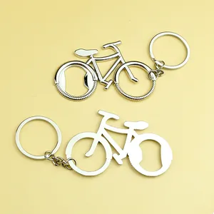 Llavero abridor con forma de bicicleta hecho de metal plateado pulido brillante