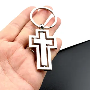 Porte-clés Croix en Métal Rotatif Pendentif en Alliage de Zinc Creux Poli Argent Anneau pour Homme Femme Bijoux Religieux Cadeau