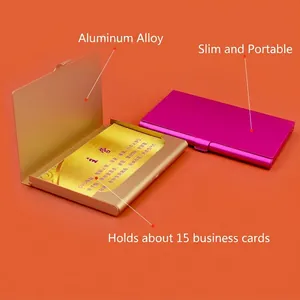 Slim aluminum business card case for 15 cards in gold and rose red metallic finish