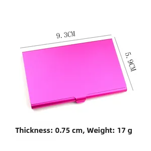 Slim aluminum business card holder dimensions showing 9.3cm length and 0.75cm thickness