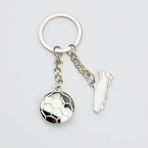 Creative metal soccer keychain with 3D football and shoe pendants on silver ring