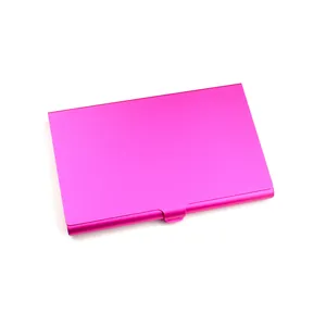 Slim rose red aluminum business card holder with matte metallic finish on white background