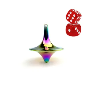 Rainbow metal spinning top for stress relief with chrome finish and red dice accessories