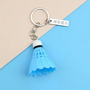 Creative blue badminton shuttlecock keychain with engraved silver metal pendant