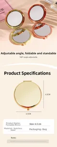 Detail view of 6.5cm stainless steel makeup mirror with 180-degree folding function
