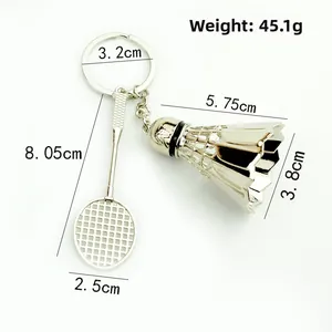 Metallic badminton keychain set with racket and shuttlecock charms in silver finish