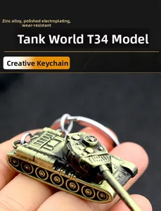 Macro detail of bronze T34 tank keychain made of polished wear-resistant zinc alloy
