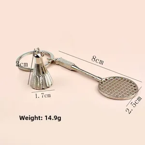 Badminton racket and shuttlecock keychain in silver zinc alloy with sports theme