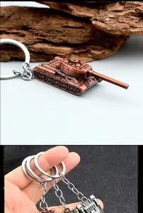 Detailed close-up of metal tank keychains in bronze, antique copper and silver finishes