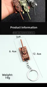 Detailed view of metal tank keychain showing dimensions 6.4cm and weight 19g