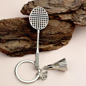 Creative badminton racket and shuttlecock keychain with bright silver alloy finish