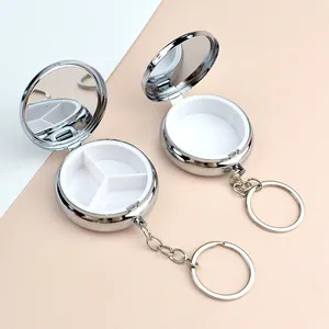 Boîte à Pilules Métal Portable Porte-clés Avec Miroir Petite Boîte de Rangement Bijoux Ronde Rectangulaire Voyage