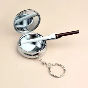 Posacenere tascabile in metallo lucido con coperchio, specchio interno e supporto pieghevole