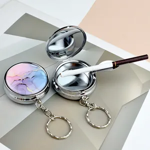 Portable metal pocket ashtray keychain with marble pattern lid and cigarette holder